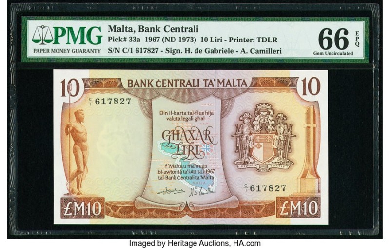 Malta Bank Centrali ta' Malta 10 Liri 1967 (1973) Pick 33a PMG Gem Uncirculated ...