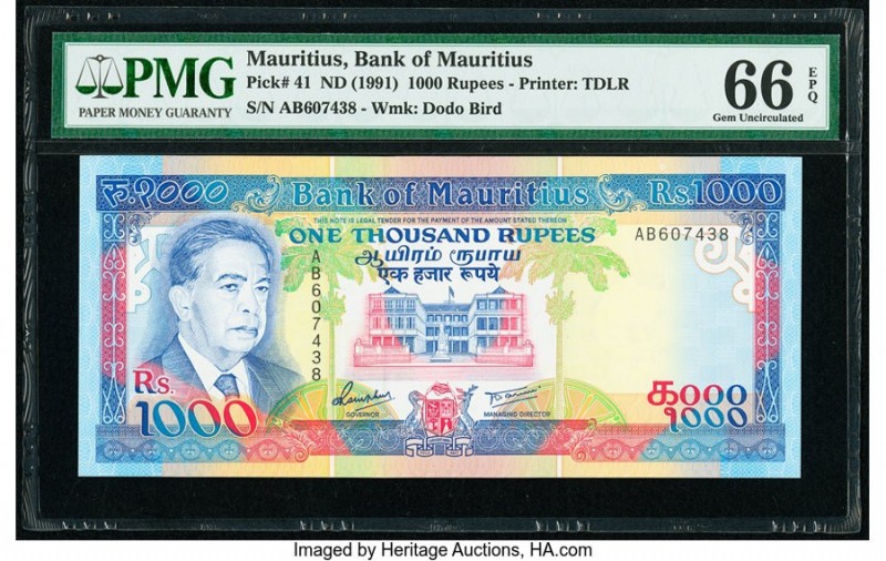 Mauritius Bank of Mauritius 1000 Rupees ND (1991) Pick 41 PMG Gem Uncirculated 6...