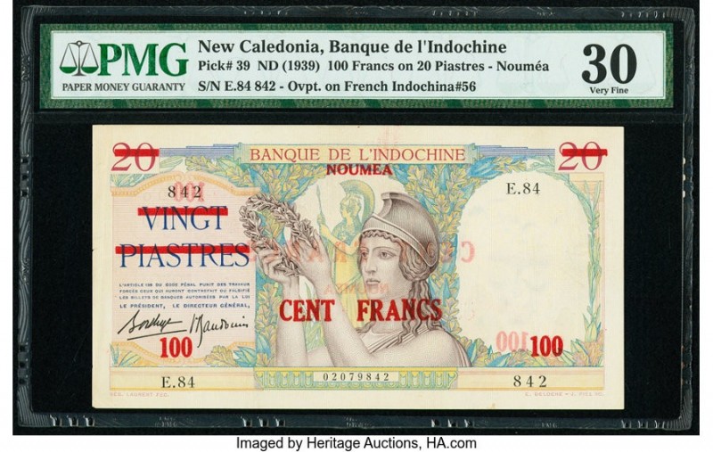 New Caledonia Banque de l'Indochine 100 Francs on 20 Piastres ND (1939) Pick 39 ...