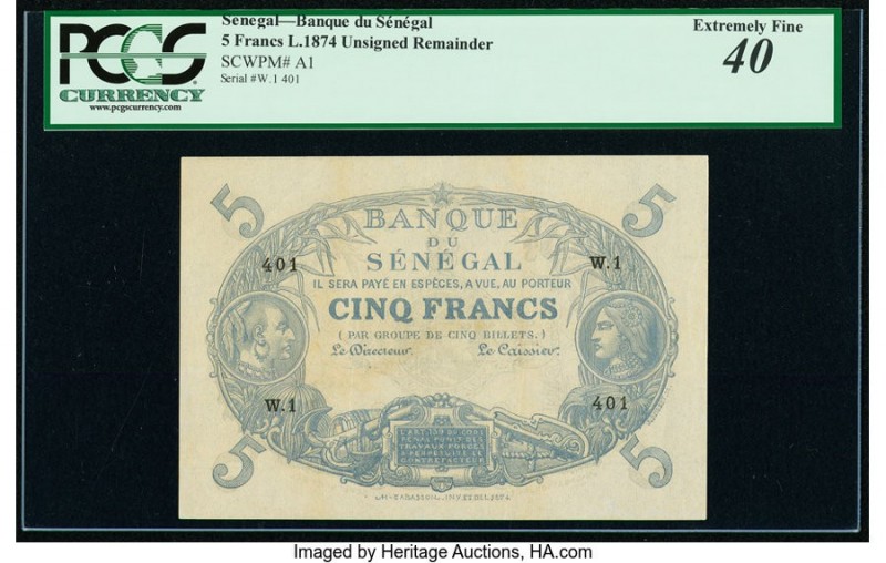 Senegal Banque du Senegal 5 Francs 1874 Pick A1 Unassigned Remainder PCGS Extrem...