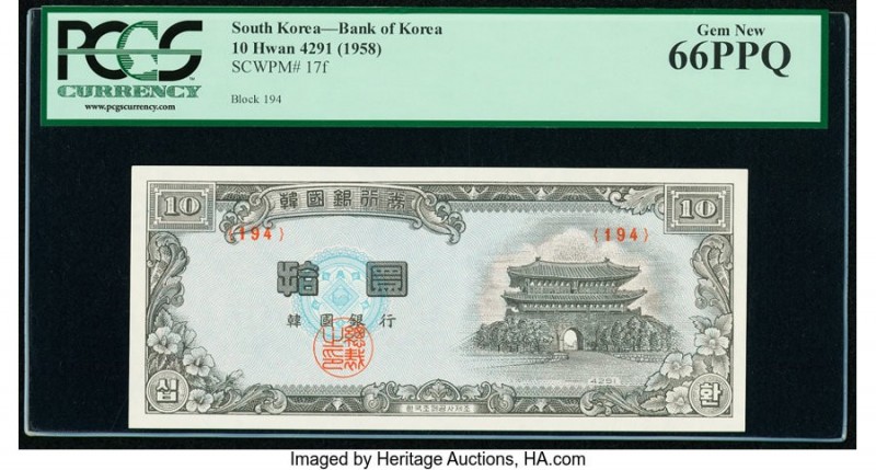 South Korea Bank of Korea 10 Hwan (1958) Pick 17f PCGS Gem New 66 PPQ. 

HID0980...