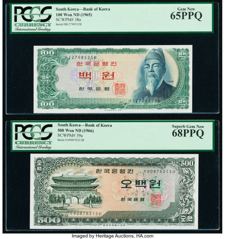 South Korea Bank of Korea 100; 500 Won ND (1965); ND (1966) Pick 38a; 39a Two Ex...