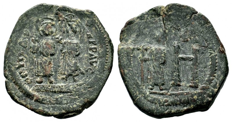 Justin II, with Sophia and Tiberius Æ 40 Nummi. Cherson, AD 565-578.
Condition: ...