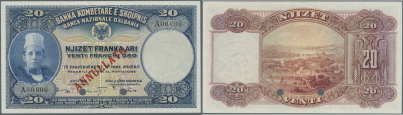 Albania / Albanien. 20 Franka Ari ND (1926) Specimen P. 3s, with zero serial num...