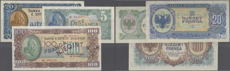 Albania / Albanien. Set of 3 notes containing 5,20,100 Franga 1945 P. 15-17, UNC...