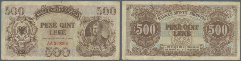 Albania / Albanien. 500 Leke 1947 P. 22, used with folds and stain in paper, min...