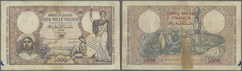 Algeria / Algerien. 5000 Francs 1942 P. 90, used with several folds, stained pap...