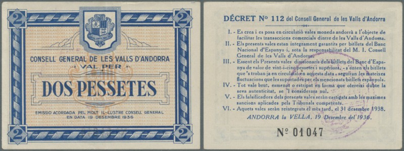 Andorra. 2 Pessetes 1936 P. 2, light center fold, paper irritation along left bo...