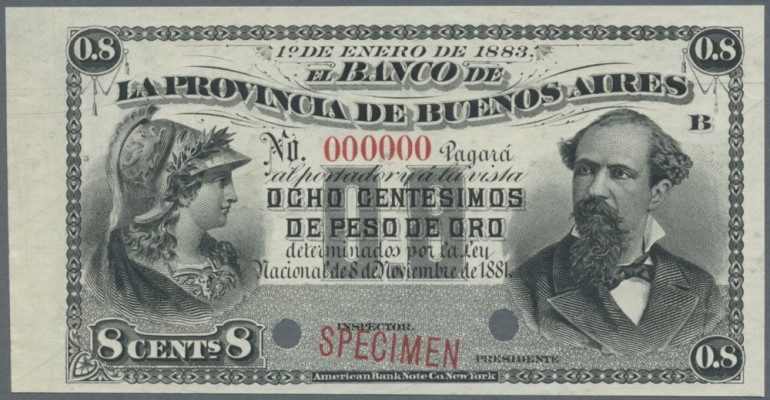 Argentina / Argentinien. 5 Centesimos 1883 Specimen P. S530s with red ”Specimen”...
