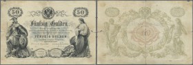 Austria / Österreich. 50 Gulden Staatsnote 1866, P.A152, extraordinary rare note, very seldom offered on the market with many tears along the borders ...