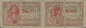 Austria / Österreich. 20 Kronen 1900, P.5, highly rare note in used condition with stained and slightly yellowed paper, many folds, some tears along t...