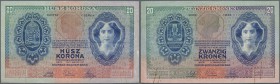 Austria / Österreich. 20 Kronen 1907 P. 10, folded horizontally and vertically, 2 rusty stains of paper clip on back, small paper irritations at right...