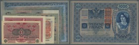 Austria / Österreich. Set of 9 banknotes containing 1 Krone ND(1919) P. 49 (aUNC), 2 Kronen ND(1919) P. 50 (XF+), 10 Kronen ND(1919) P. 51a (aUNC), 20...