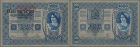 Austria / Österreich. 1000 Kronen ND(1919) P. 58 with black overprint ”ECHT”, center folds, light horizontal fold, handling in paper, no holes or tear...