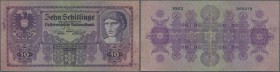 Austria / Österreich. 10 Schilling 1925 P. 89, strong center and strong horizontal fold (visible on back), staining at upper left and lower right, nea...