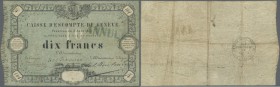 Switzerland / Schweiz. 10 Francs 1856, Caisse D'Escompte de Genève, P. S311, stamped ”Annulé”, used with several folds, several pinholes at left but n...