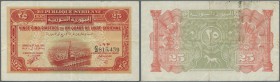 Syria / Syrien. 25 Piastres 1942 P. 50, used with vertical and horizontal folds, stain on back, no holes or tears, still very strong paper and bright ...