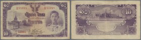 Thailand. 10 Baht ND(1942), P.47, used condition with several folds and stained paper. Condition: F