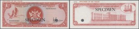 Trinidad & Tobago. 1 Dollar 1977 Specimen P. 30as with black ”Specimen” overprint at center, one cancellation hole and zero serial numbers. The note i...