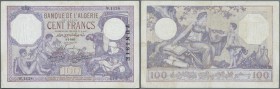 Tunisia / Tunisien. 100 Francs 1933 P. 10b, used with folds, pressed, very light staining, no holes, no tears, still some crispness in paper and nice ...