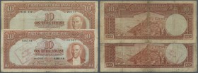 Turkey / Türkei. Set of 2 notes 10 Lira L.1930 P. 128, both stronger used with border wear, stronger folds, stained paper, one note stamped, one note ...