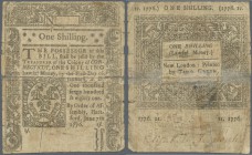 United States of America. 1 Shilling 1776, Colony of Connecticut, very strong used, strong vertical and horizontal fold causing longer tears, fixed wi...