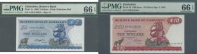 Zimbabwe. Zimbabwe: set of 2 notes containing 2 Dollars 1980 P. 1a (PMG 66 Gem UNC EPQ) and 10 Dollars 1983 P. 3d (PMG 66 Gem UNC EPQ), nice set. (2 p...