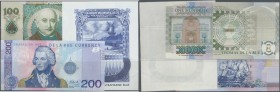 Testbanknoten. set with 2 test notes ”200” with portrait of Lord Nelson by DE LA RUE CURRENCY and ”100” by THOMAS DE LA RUE and 1 intaglio printed adv...