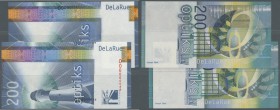 Testbanknoten. Set of 2 Test Notes DE LA RUE CURRENCY ”200 Optiks”, paper notes which were used as specimens for the finished test note, this fact is ...