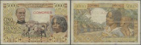 Comoros / Komoren. Very searched- for banknote 5000 Francs 1950 P. 6a, first signature variety with red overprint ”COMORES” on ”Banque de Madagascar a...