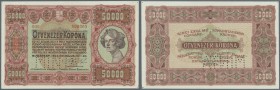 Hungary / Ungarn. Penzügyminiszterium, 50.000 Korona 1923 MINTA (Specimen), P.71s, tiny pinholes at all 4 corners, vertical fold at center.