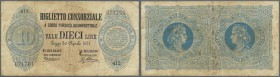 Italy / Italien. 10 Lire 1874 P. 5, used with strong center fold, stains, a few pinholes but no large damages, strongness in paper, condition: F-.