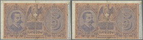 Italy / Italien. 5 Lire 1892 P. 18c, stronger center fold causing a 4mm tear at upper border, light stain in paper, handling, no holes, condition: F.