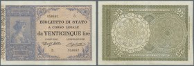 Italy / Italien. 25 Lire 1895 P. 21, very rare note, light center fold with professionally restored tiny parts at upper and lower border center, a few...