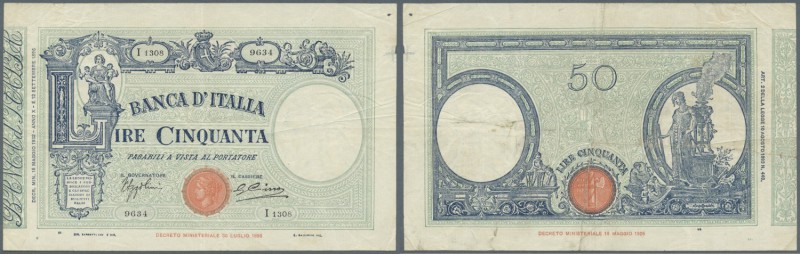 Italy / Italien. 50 Lire 1932 P. 47c, used with folds, 2 border tears (4mm) but ...