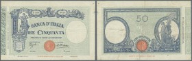 Italy / Italien. 50 Lire 1932 P. 47c, used with folds, 2 border tears (4mm) but no holes, still strongness in paper and nice colors, condition: F+.