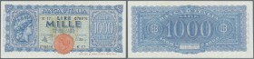 Italy / Italien. 1000 Lire 1944 P. 77, highly rare note, with only a very very light center dint, no folds, no holes or tears, crisp paper, condition:...