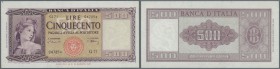 Italy / Italien. 500 Lire 1947 P. 80a, one crease at left side, otherwise no folds, holes or tears, crisp original paper with nice colors, condition: ...