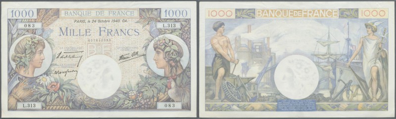 France / Frankreich. 1000 Francs October 24th 1940 signatures: de Bletterie / Ro...