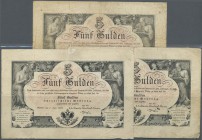 Austria / Österreich. set with 3 Banknotes 5 Gulden 1866, P.A151, all in used, or well worn condition with many folds, tears and tiny holes at center....