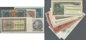 Czechoslovakia / Tschechoslowakei. Set of 23 banknotes containing 3x 5 Korun 1921 (2x F, 1x VF), 2x 50 Korun 1948 with small cancellation holes (both ...