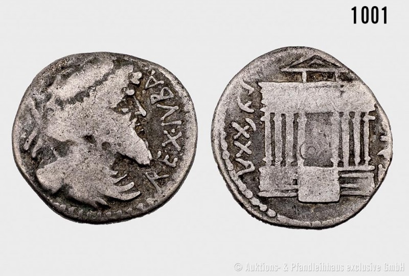 Königreich Numidien, Juba I. (60-46 v. Chr.), Denar. Vs. REX IVBA, drapierte Büs...