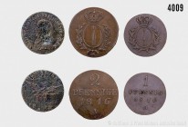 Preußen, Provinzialprägung Brandenburg, Konv. von 3 Kleinmünzen, bestehend aus: 2 Pfennige 1816 A. 3,25 g; 21 mm. AKS 38. 1 Pfennig 1810 A. 1,63 g; 19...