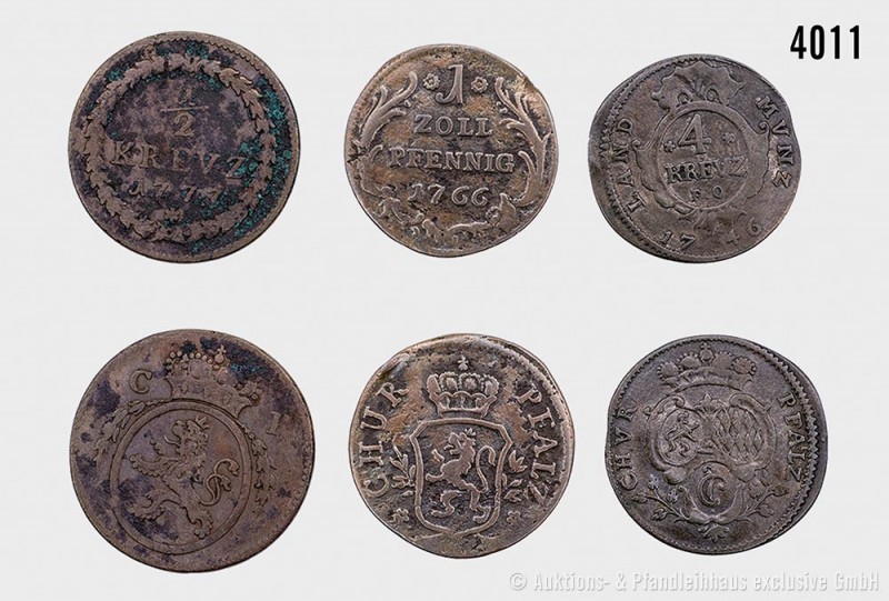 Pfalz, Konv. von 3 Kleinmünzen, bestehend aus: 4 Kreuzer 1746 F.O. 1,59 g; 22 mm...