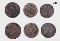 Pfalz, Konv. von 3 Kleinmünzen, bestehend aus: 4 Kreuzer 1746 F.O. 1,59 g; 22 mm. Schön 118. 1 Zollpfennig 1766. 2,53 g; 22 mm. Schön 172. 1/2 Kreuzer...