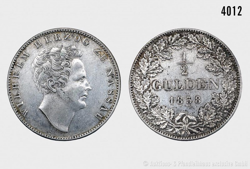 Herzogtum Nassau, Wilhelm (1816-1839), 1/2 Gulden 1838. 5,25 g; 24 mm. AKS 44; J...