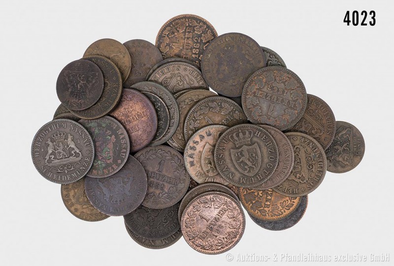 Herzogtum Nassau, umfangreiches Konv. von 43 Kleinmünzen, zumeist 1 Kreuzer 1859...