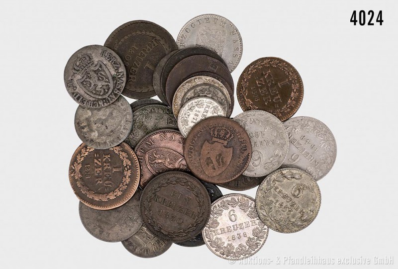 Nassau, Konv. von 28 Kleinmünzen (darunter 6 Kreuzer 1833, 1 Kreuzer 1871 und Di...
