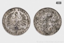 Frankfurt am Main, 1/2 Gulden 1849. 5,30 g; 24 mm. AKS 16; Jaeger 26. Seltener Jahrgang. Patina, fast vorzüglich/vorzüglich. 900er Silber.