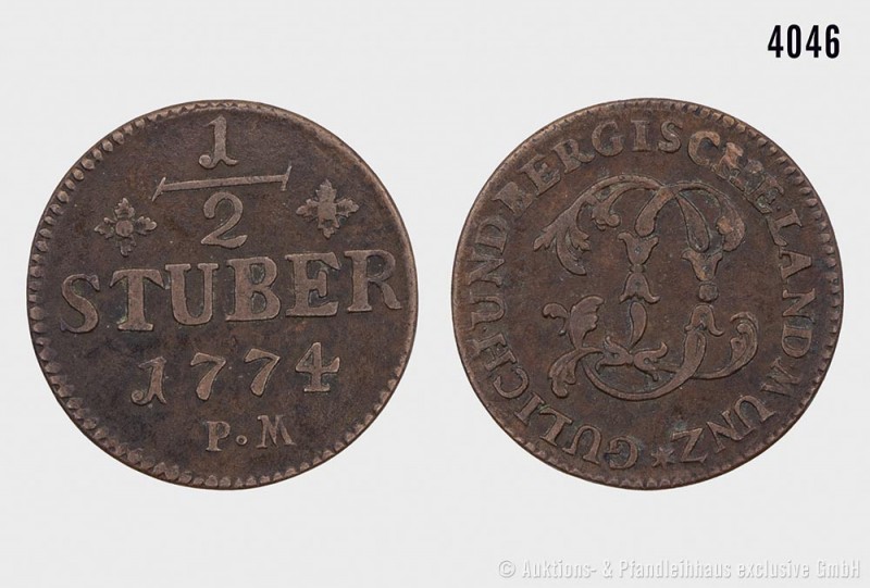 Herzogtum Jülich-Kleve-Berg, 1/2 Stüber 1774, P M Düsseldorf. Vs. GULICH UND BER...